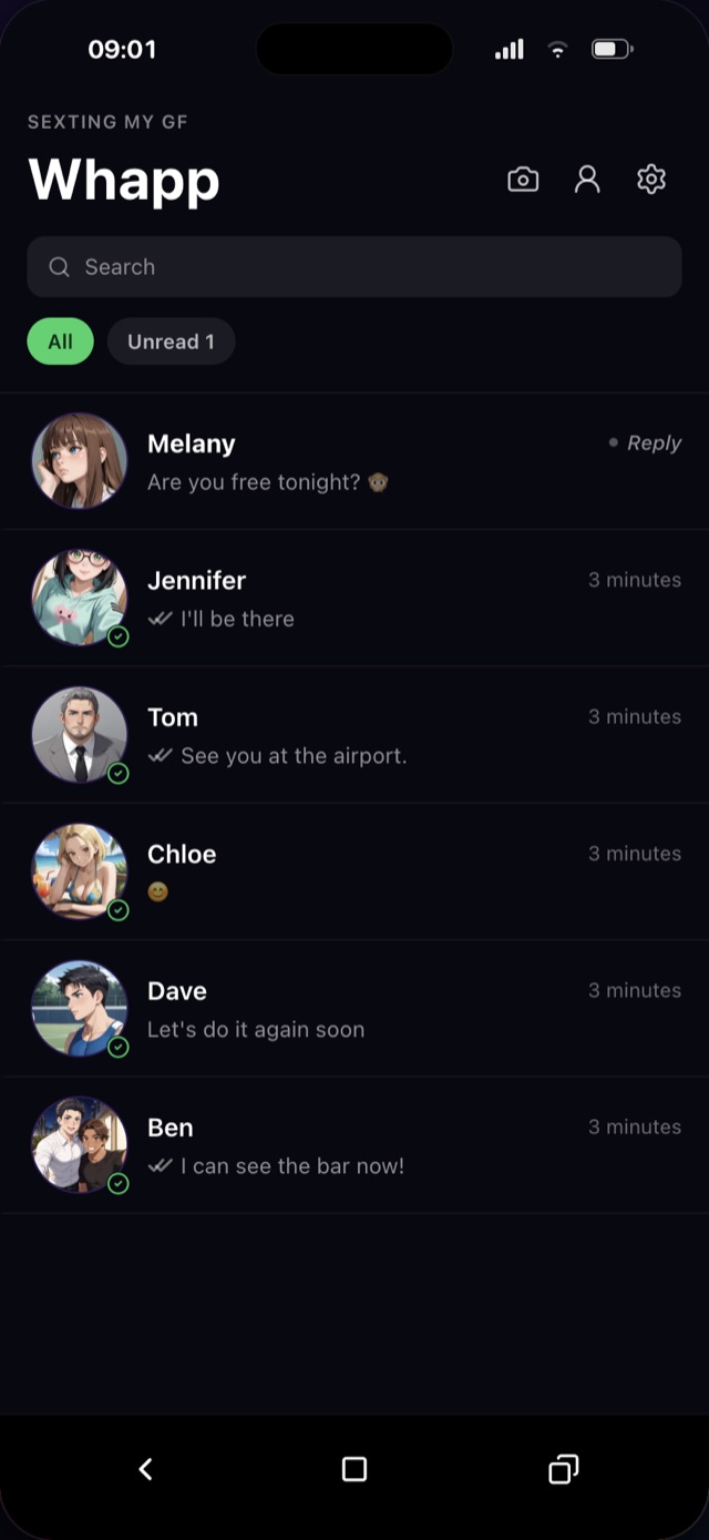 Sexting my GF Whapp chat list with Melany, Jennifer, Tom, Chloe, Dave, and Ben
